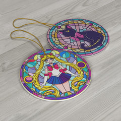 Anime Moonlit Mystique: Celestial Guardian & Mystic Feline Dual Ornament | Anime Ornaments