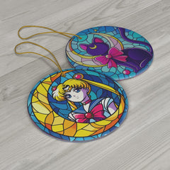 Anime Magic and Feline Mystique Dual Ornaments: Moonlit Guardian Floral-Adorned Cat Stained Glass Inspired Splendor | Anime Ornaments