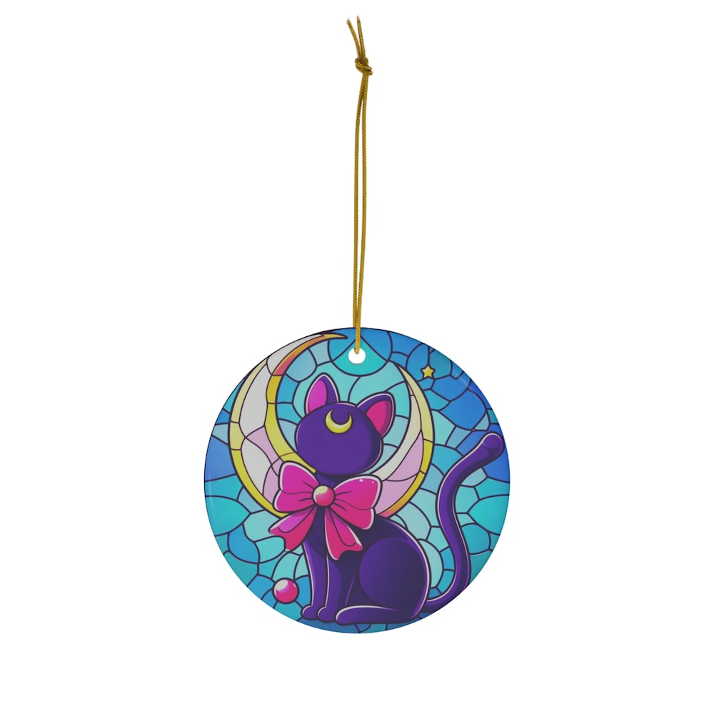 Anime Magic and Feline Mystique Dual Ornaments: Moonlit Guardian Floral-Adorned Cat Stained Glass Inspired Splendor | Anime Ornaments