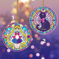 Anime Moonlit Mystique: Celestial Guardian & Mystic Feline Dual Ornament | Anime Ornaments