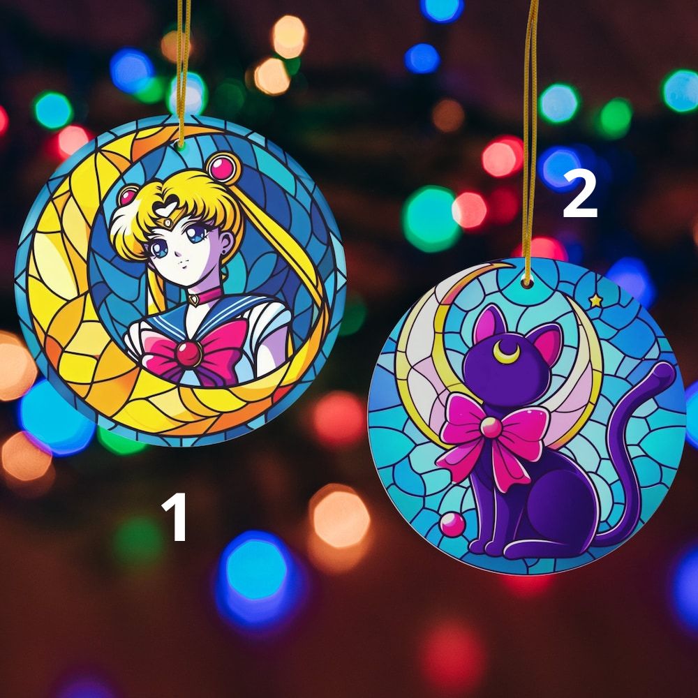 Anime Magic and Feline Mystique Dual Ornaments: Moonlit Guardian Floral-Adorned Cat Stained Glass Inspired Splendor | Anime Ornaments